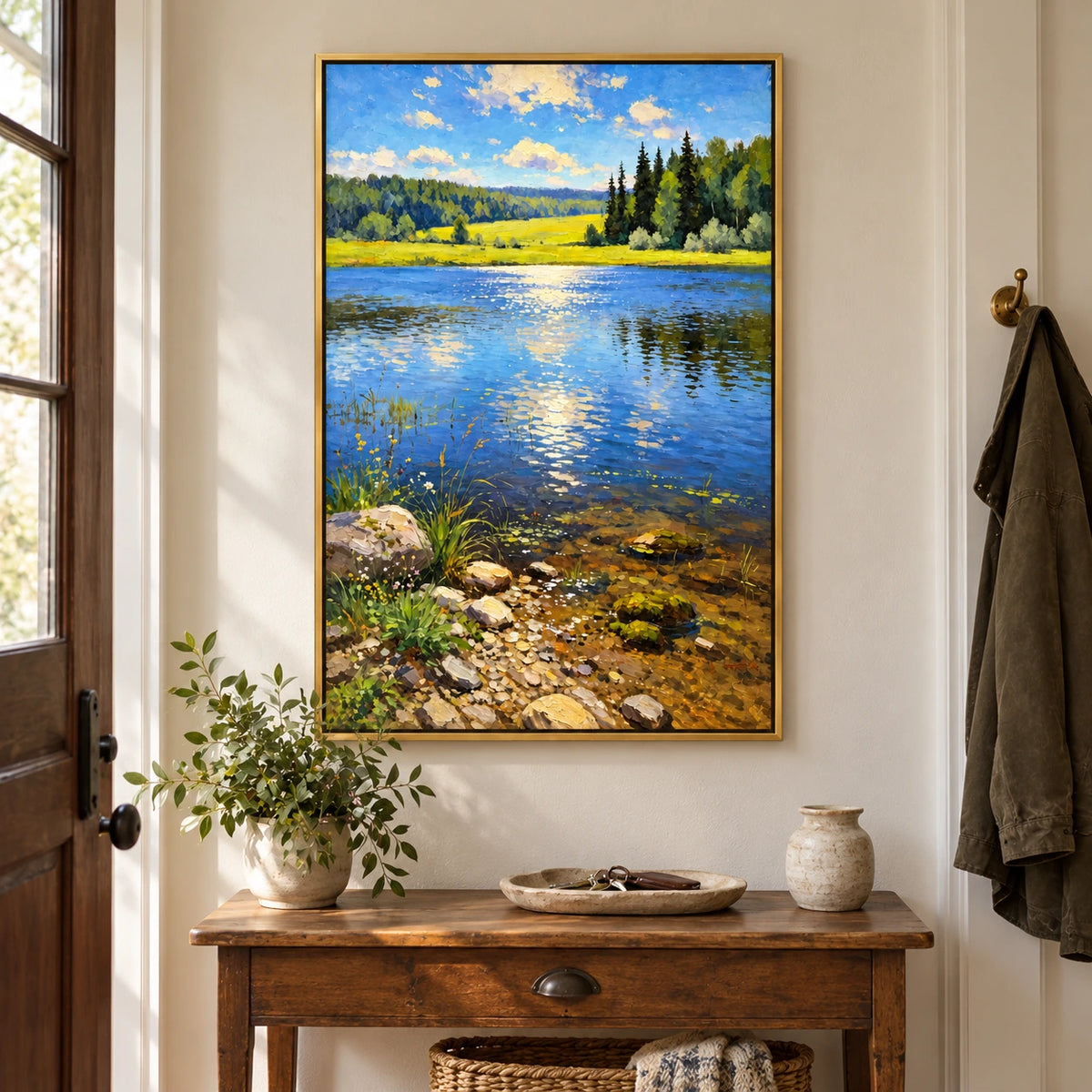 Sunlit Blue Lake Oil Painting | Green Meadow Pine Trees Rocky Shore and Golden Reflections Vertical Landscape Wall Art OA 1752
