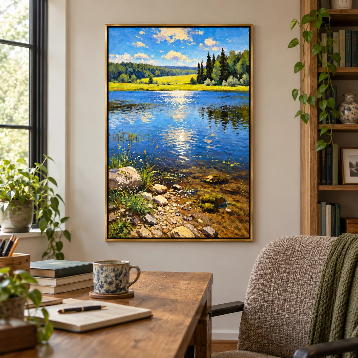 Sunlit Blue Lake Oil Painting | Green Meadow Pine Trees Rocky Shore and Golden Reflections Vertical Landscape Wall Art OA 1752