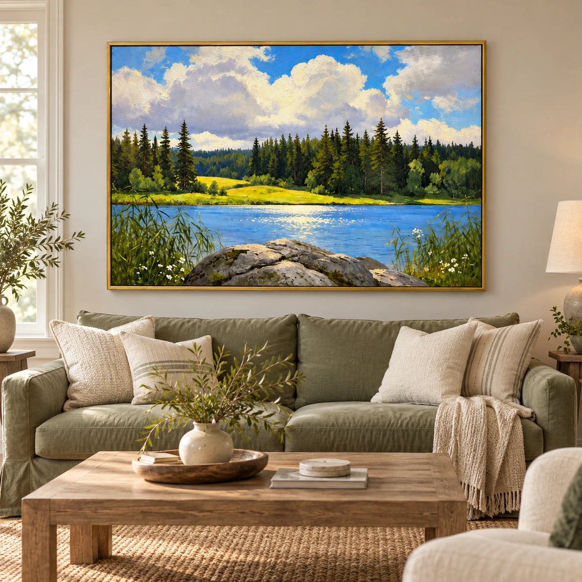 Sunlit Forest Lake Oil Painting | Blue Water Pine Trees White Clouds and Shoreline Rocks Horizontal Landscape Wall Art #OA 1701