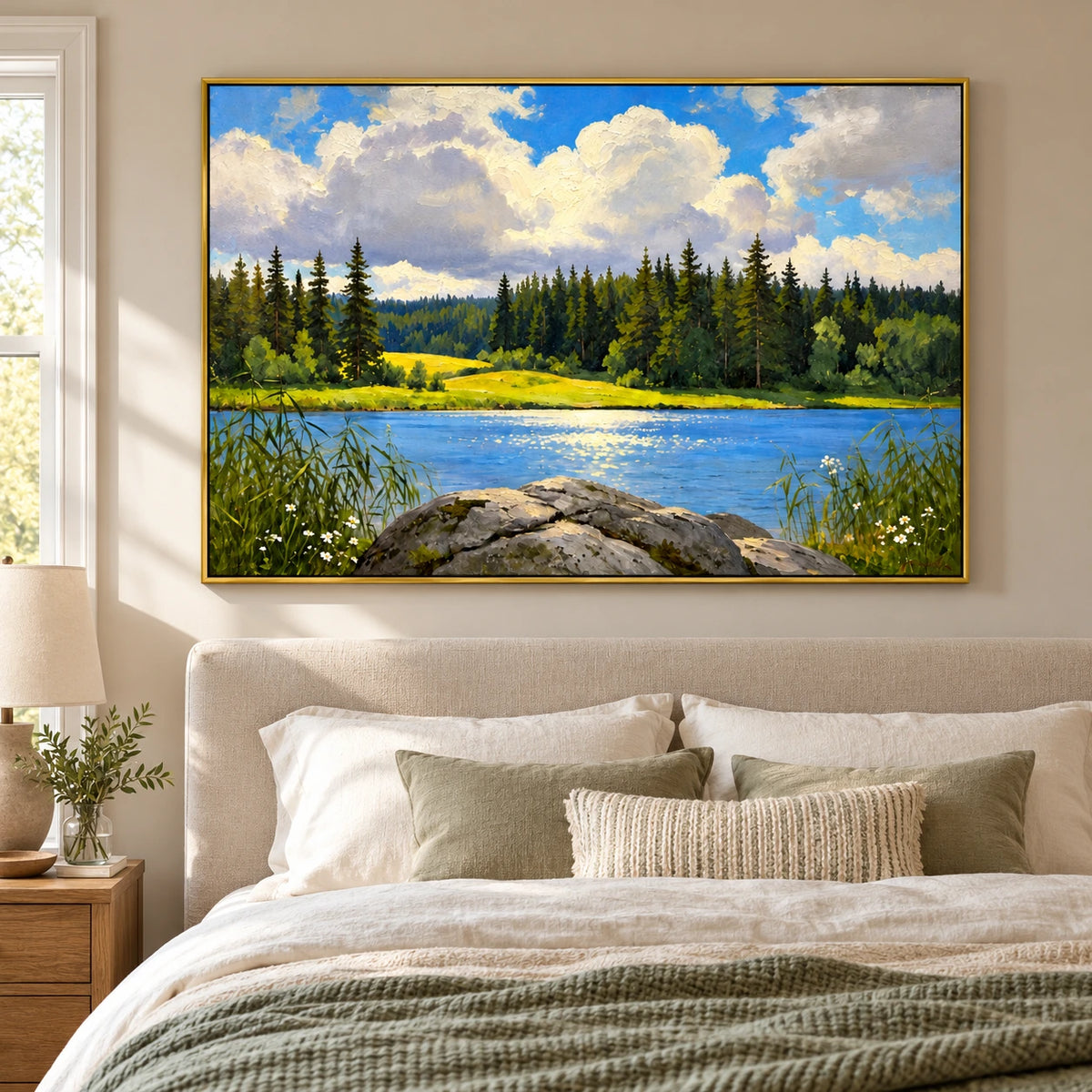 Sunlit Forest Lake Oil Painting | Blue Water Pine Trees White Clouds and Shoreline Rocks Horizontal Landscape Wall Art #OA 1701