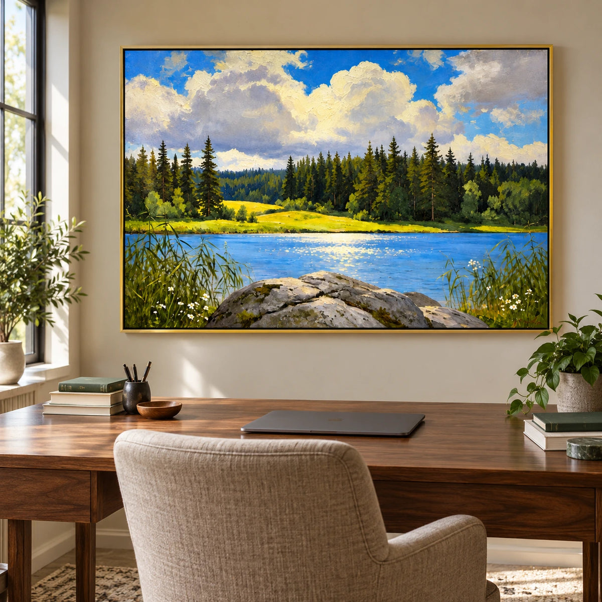 Sunlit Forest Lake Oil Painting | Blue Water Pine Trees White Clouds and Shoreline Rocks Horizontal Landscape Wall Art #OA 1701