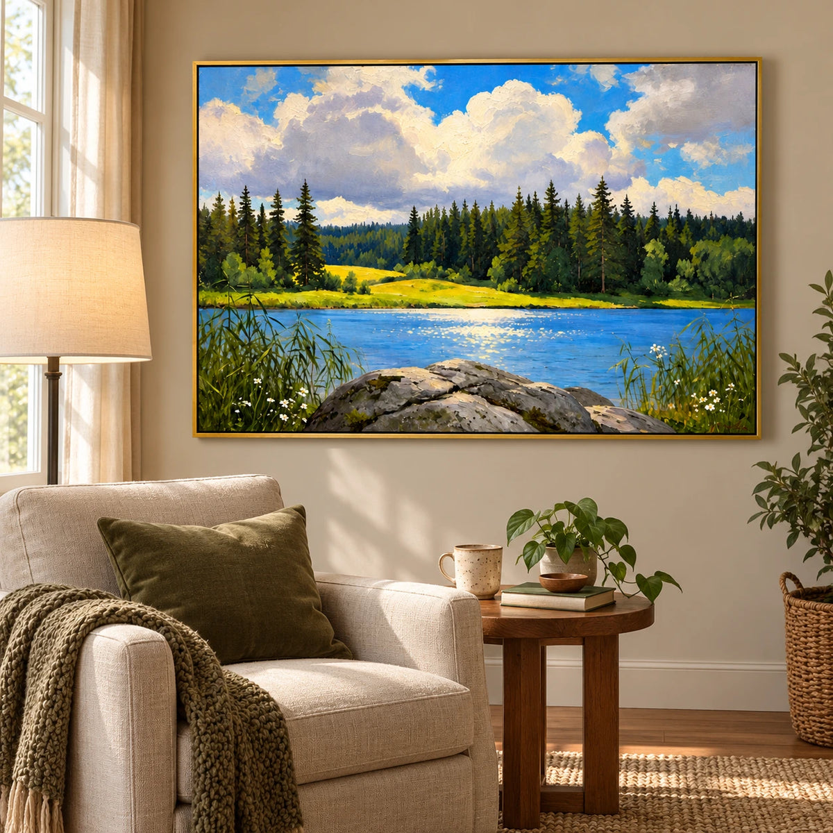 Sunlit Forest Lake Oil Painting | Blue Water Pine Trees White Clouds and Shoreline Rocks Horizontal Landscape Wall Art #OA 1701
