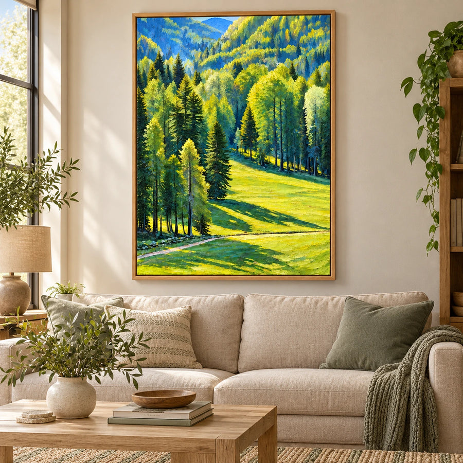 Sunlit Green Forest and Meadow Oil Painting | Pine Trees Mountain Valley Textured Vertical Landscape Wall Art #OA 1669