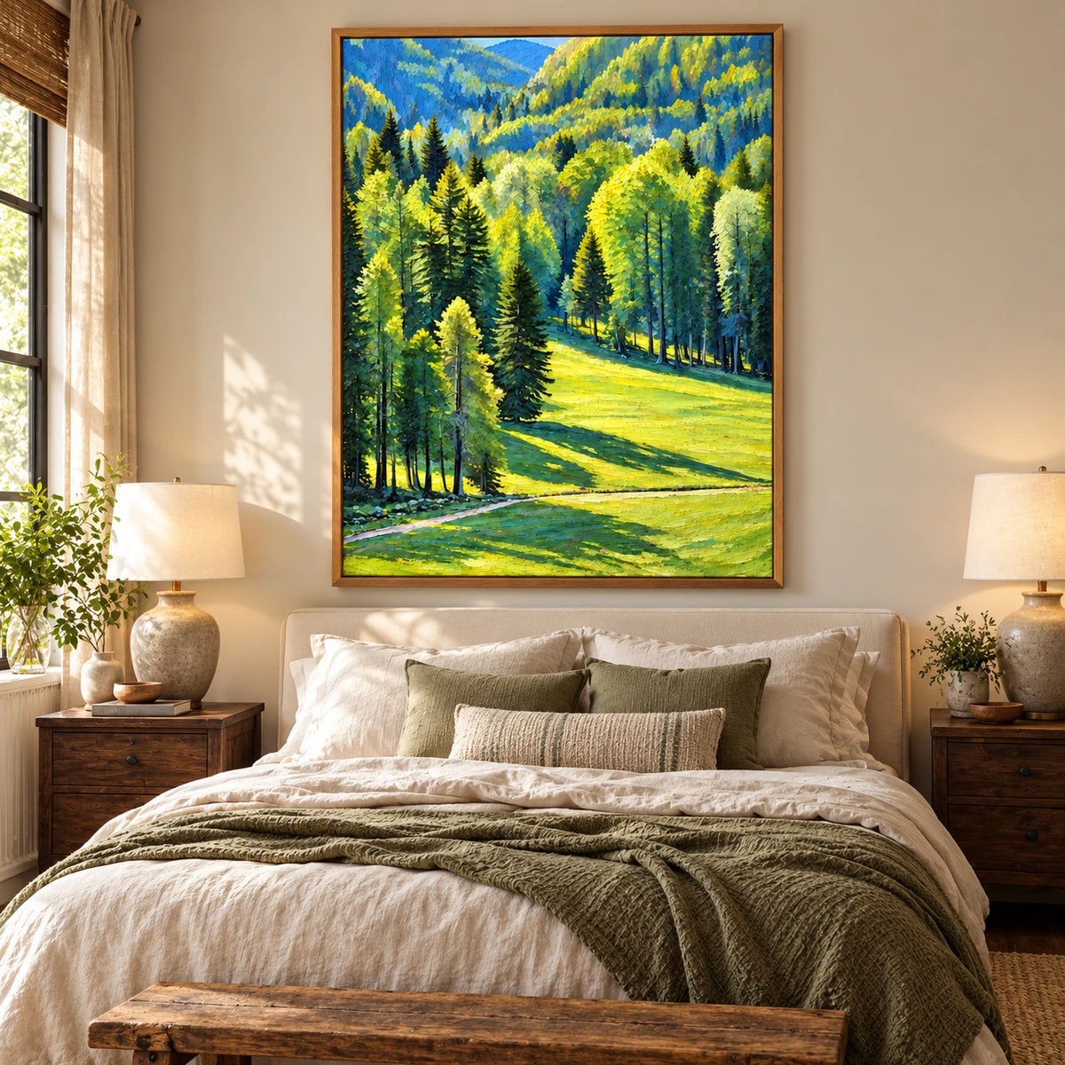Sunlit Green Forest and Meadow Oil Painting | Pine Trees Mountain Valley Textured Vertical Landscape Wall Art OA 1669