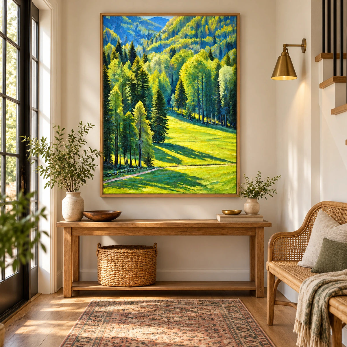 Sunlit Green Forest and Meadow Oil Painting | Pine Trees Mountain Valley Textured Vertical Landscape Wall Art OA 1669