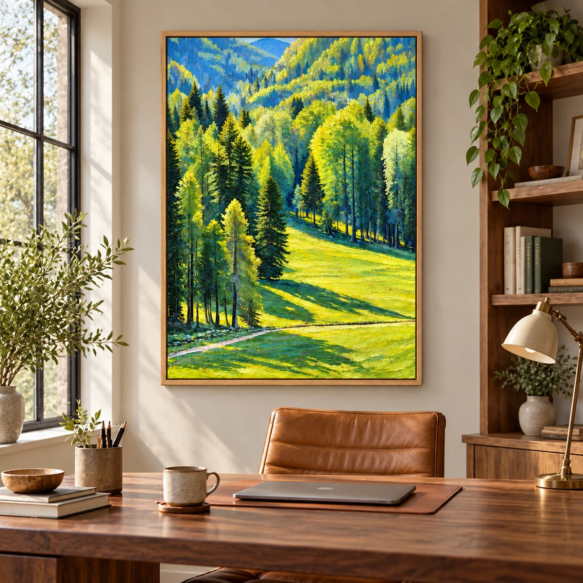 Sunlit Green Forest and Meadow Oil Painting | Pine Trees Mountain Valley Textured Vertical Landscape Wall Art OA 1669