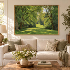 Sunlit Green Park and Woodland Hand-Painted Oil Painting | Horizontal Textured Canvas Wall Art #OA 1884