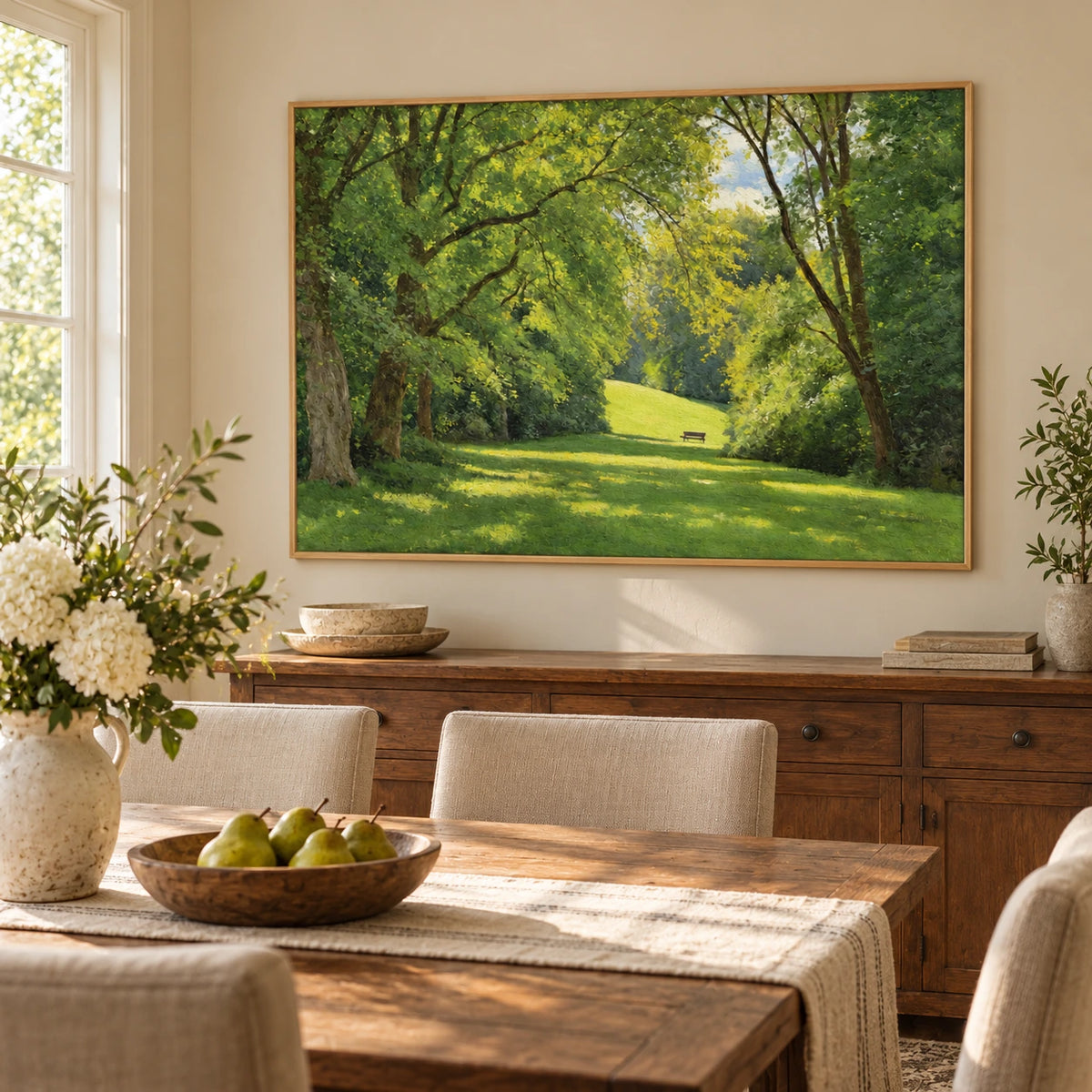 Sunlit Green Park and Woodland Hand-Painted Oil Painting | Horizontal Textured Canvas Wall Art #OA 1884