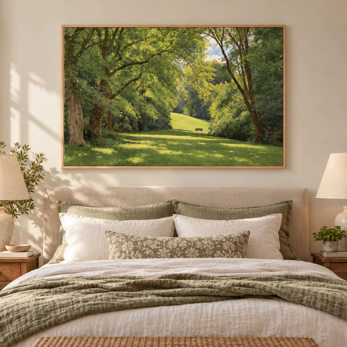 Sunlit Green Park and Woodland Hand-Painted Oil Painting | Horizontal Textured Canvas Wall Art #OA 1884