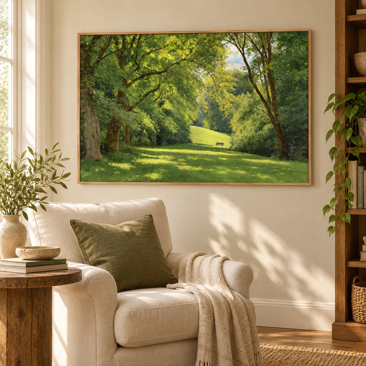 Sunlit Green Park and Woodland Hand-Painted Oil Painting | Horizontal Textured Canvas Wall Art #OA 1884