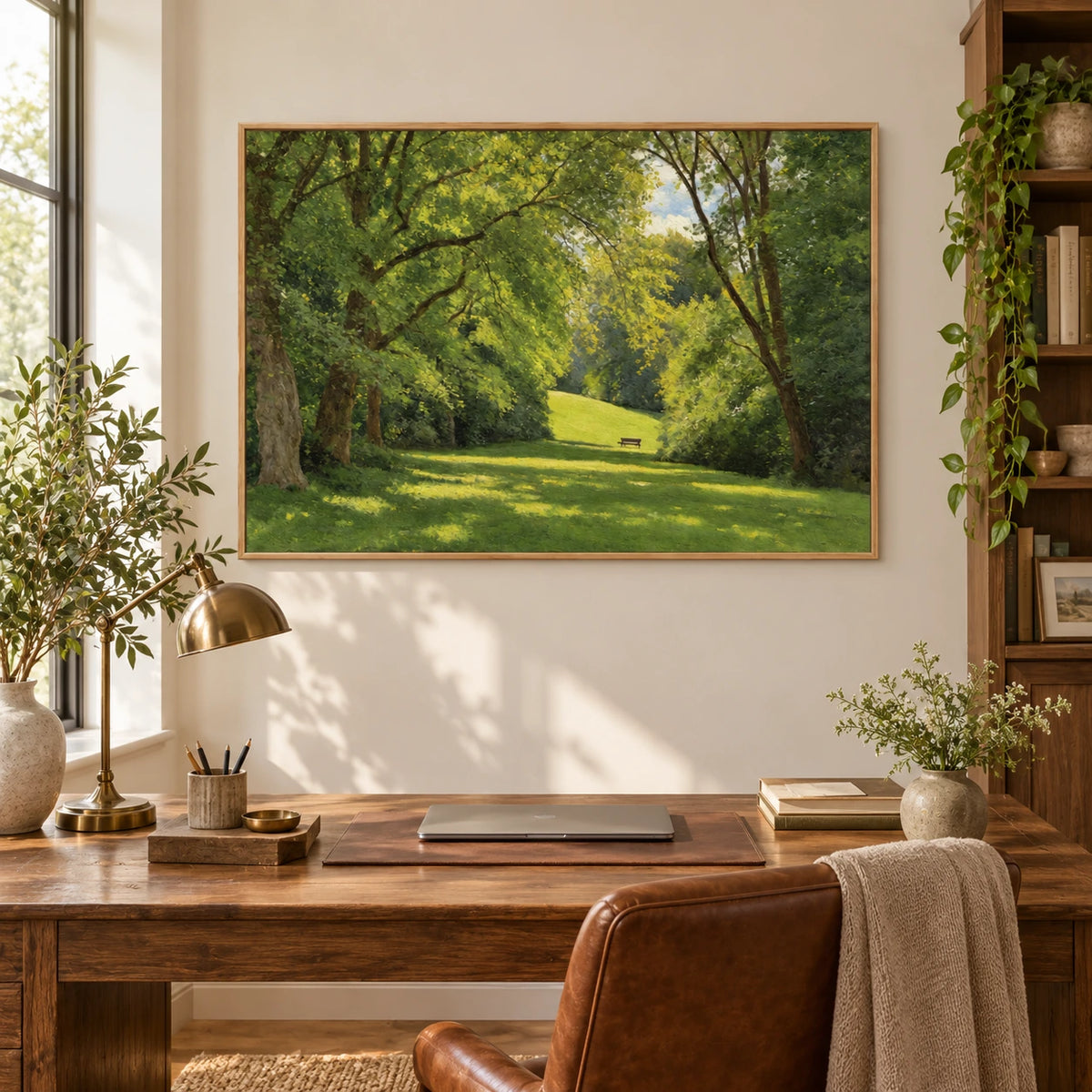 Sunlit Green Park and Woodland Hand-Painted Oil Painting | Horizontal Textured Canvas Wall Art #OA 1884