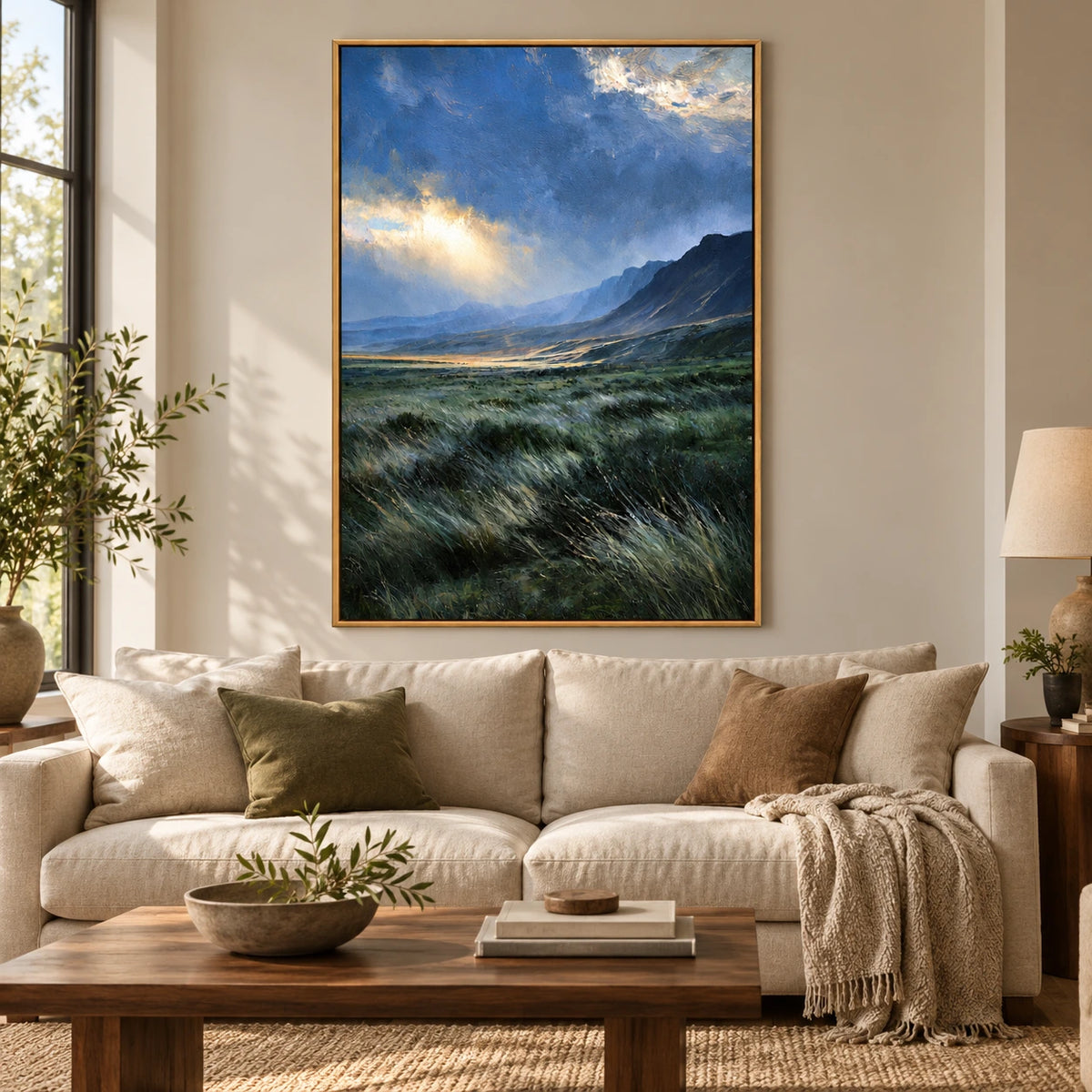 Sunlit Mountain Valley Oil Painting | Blue Grey Sky and Green Grass Textured Vertical Landscape Wall Art OA 1778