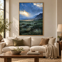 Sunlit Mountain Valley Oil Painting | Blue Grey Sky and Green Grass Textured Vertical Landscape Wall Art #OA 1778