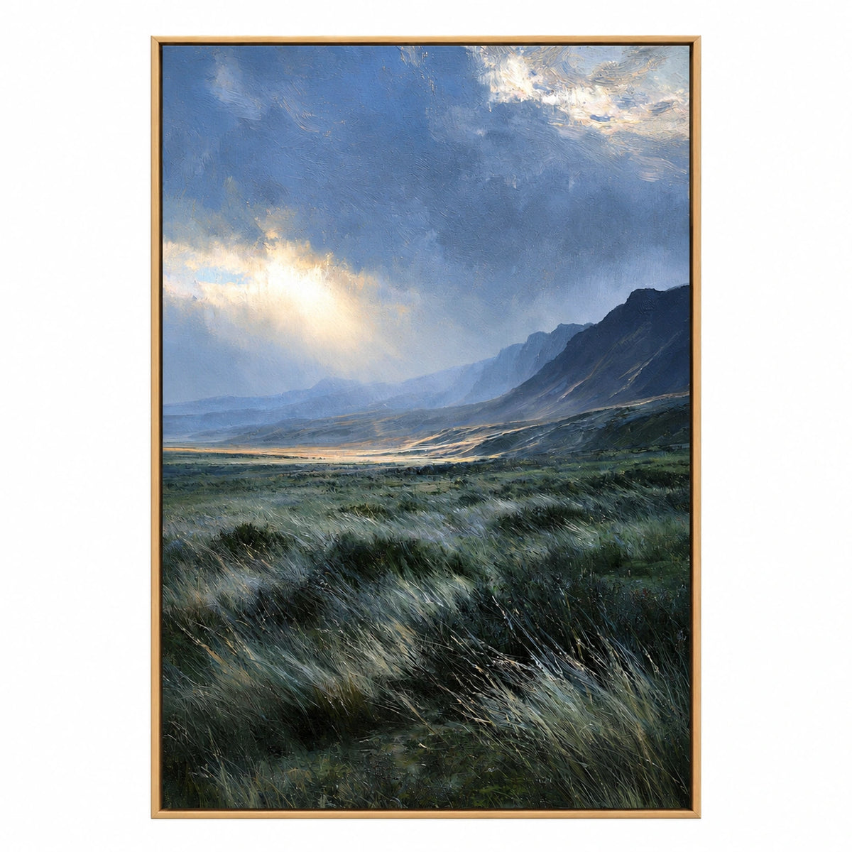 Sunlit Mountain Valley Oil Painting | Blue Grey Sky and Green Grass Textured Vertical Landscape Wall Art OA 1778