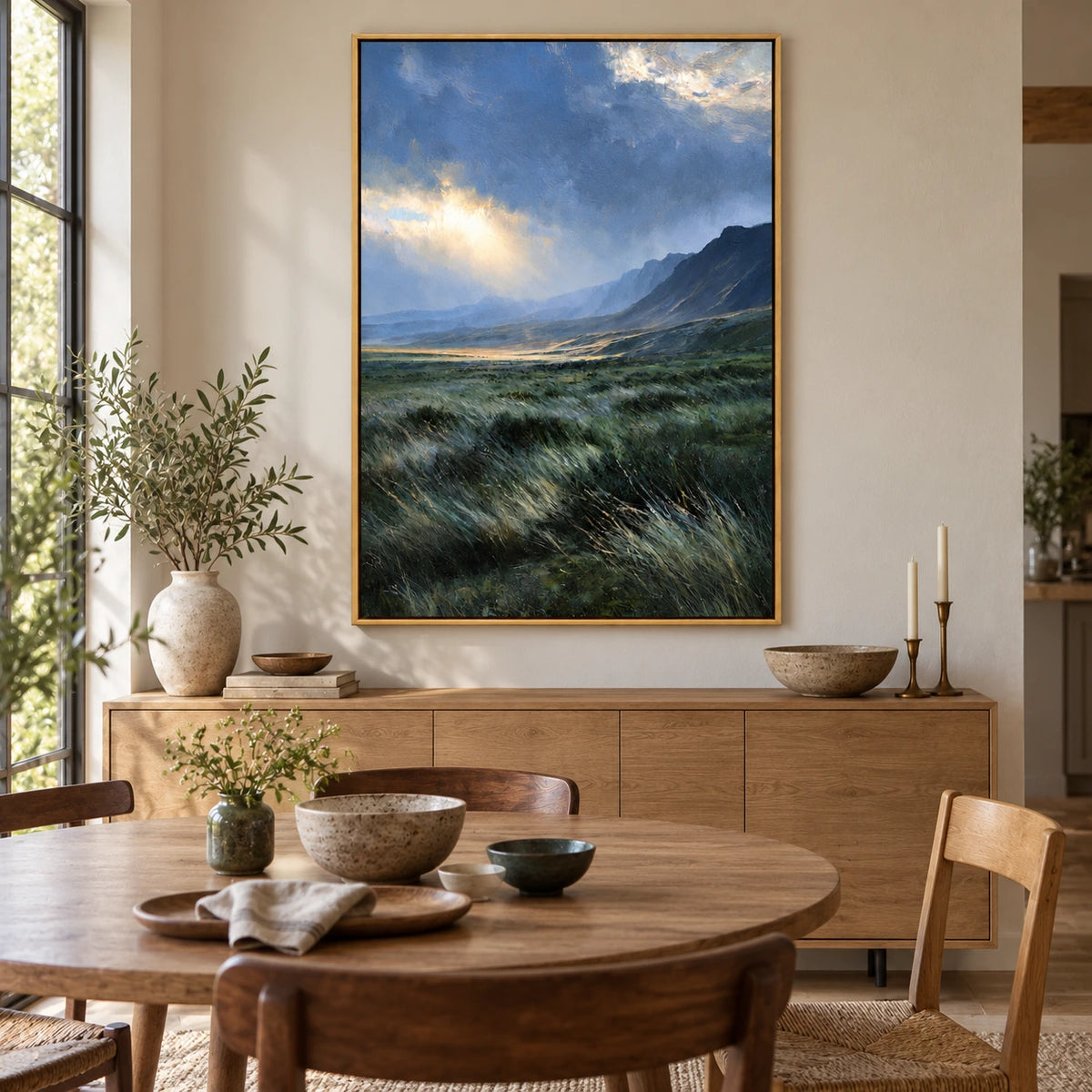 Sunlit Mountain Valley Oil Painting | Blue Grey Sky and Green Grass Textured Vertical Landscape Wall Art OA 1778