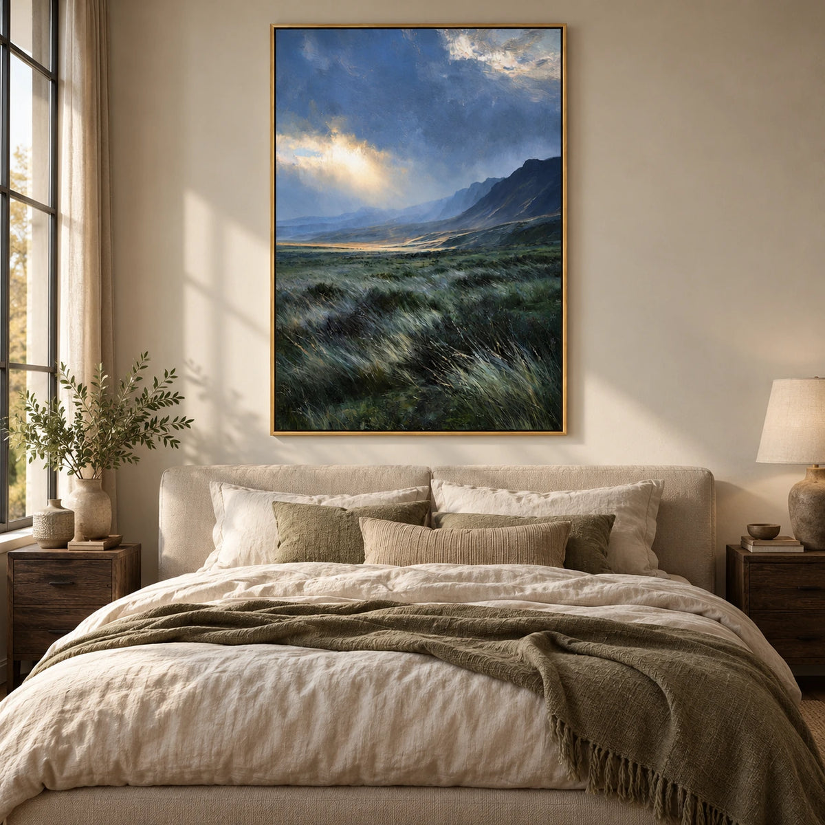 Sunlit Mountain Valley Oil Painting | Blue Grey Sky and Green Grass Textured Vertical Landscape Wall Art OA 1778