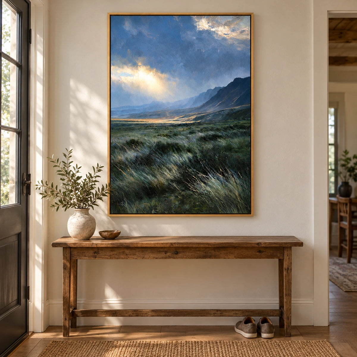 Sunlit Mountain Valley Oil Painting | Blue Grey Sky and Green Grass Textured Vertical Landscape Wall Art OA 1778