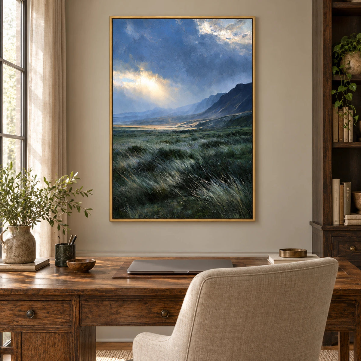 Sunlit Mountain Valley Oil Painting | Blue Grey Sky and Green Grass Textured Vertical Landscape Wall Art OA 1778