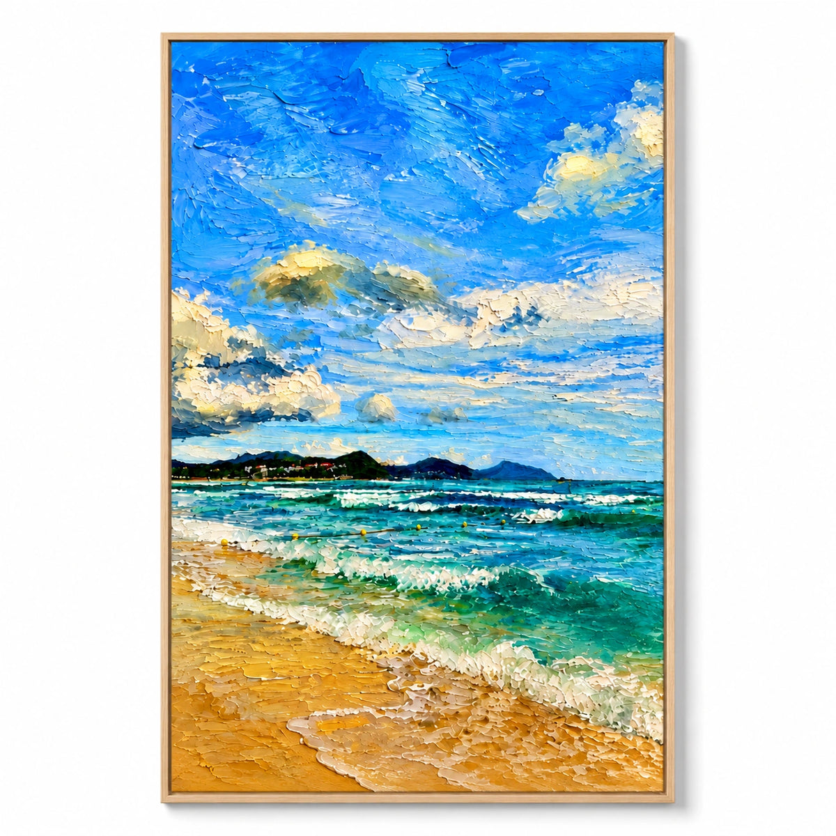 Sunny Beach and Turquoise Ocean Oil Painting | Blue Sky White Clouds and Golden Sand Impasto Coastal Wall Art #OA 1651