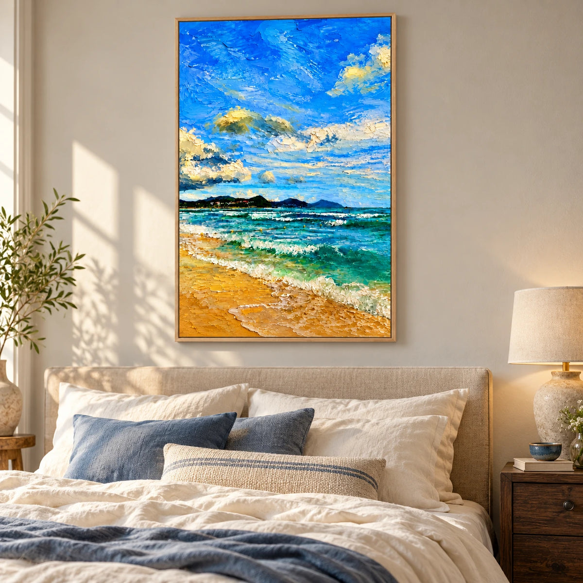 Sunny Beach and Turquoise Ocean Oil Painting | Blue Sky White Clouds and Golden Sand Impasto Coastal Wall Art #OA 1651