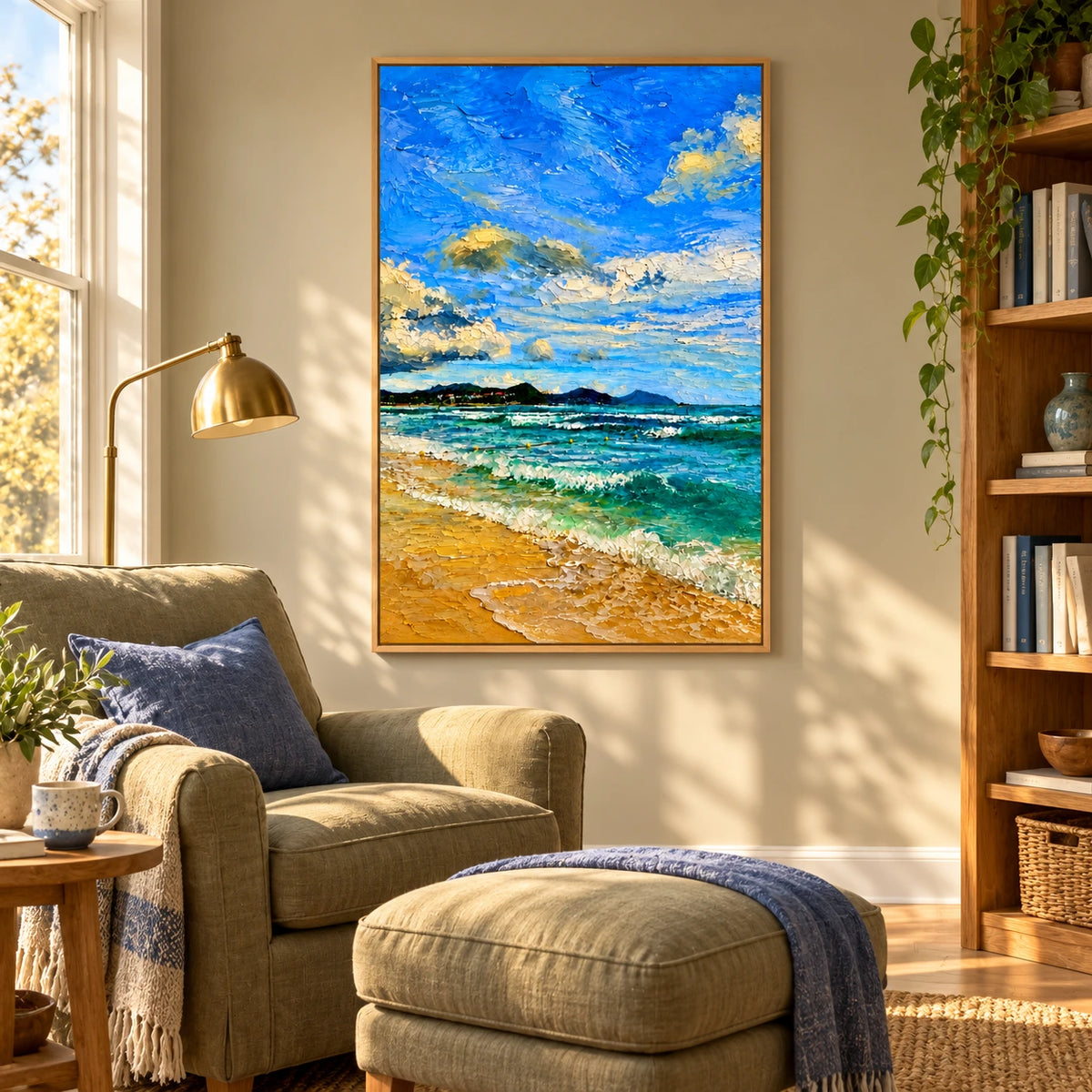 Sunny Beach and Turquoise Ocean Oil Painting | Blue Sky White Clouds and Golden Sand Impasto Coastal Wall Art #OA 1651