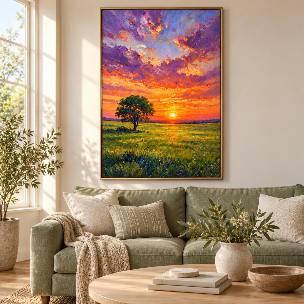 Sunset Meadow with Lone Tree Oil Painting | Orange Sun Purple Clouds and Green Field Textured Vertical Landscape Wall Art #OA 1727