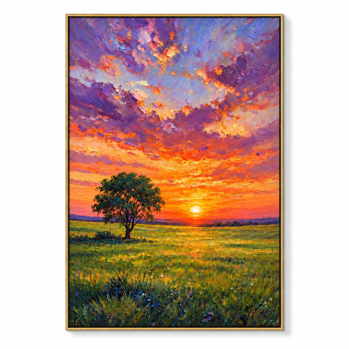 Sunset Meadow with Lone Tree Oil Painting | Orange Sun Purple Clouds and Green Field Textured Vertical Landscape Wall Art #OA 1727