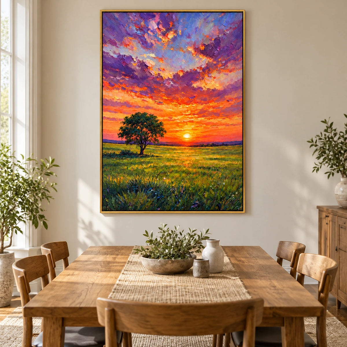 Sunset Meadow with Lone Tree Oil Painting | Orange Sun Purple Clouds and Green Field Textured Vertical Landscape Wall Art #OA 1727