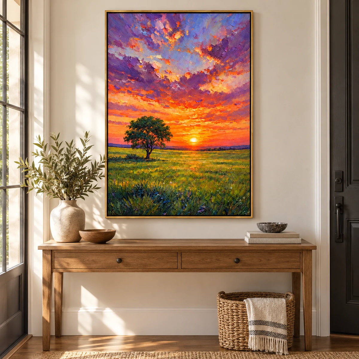 Sunset Meadow with Lone Tree Oil Painting | Orange Sun Purple Clouds and Green Field Textured Vertical Landscape Wall Art #OA 1727