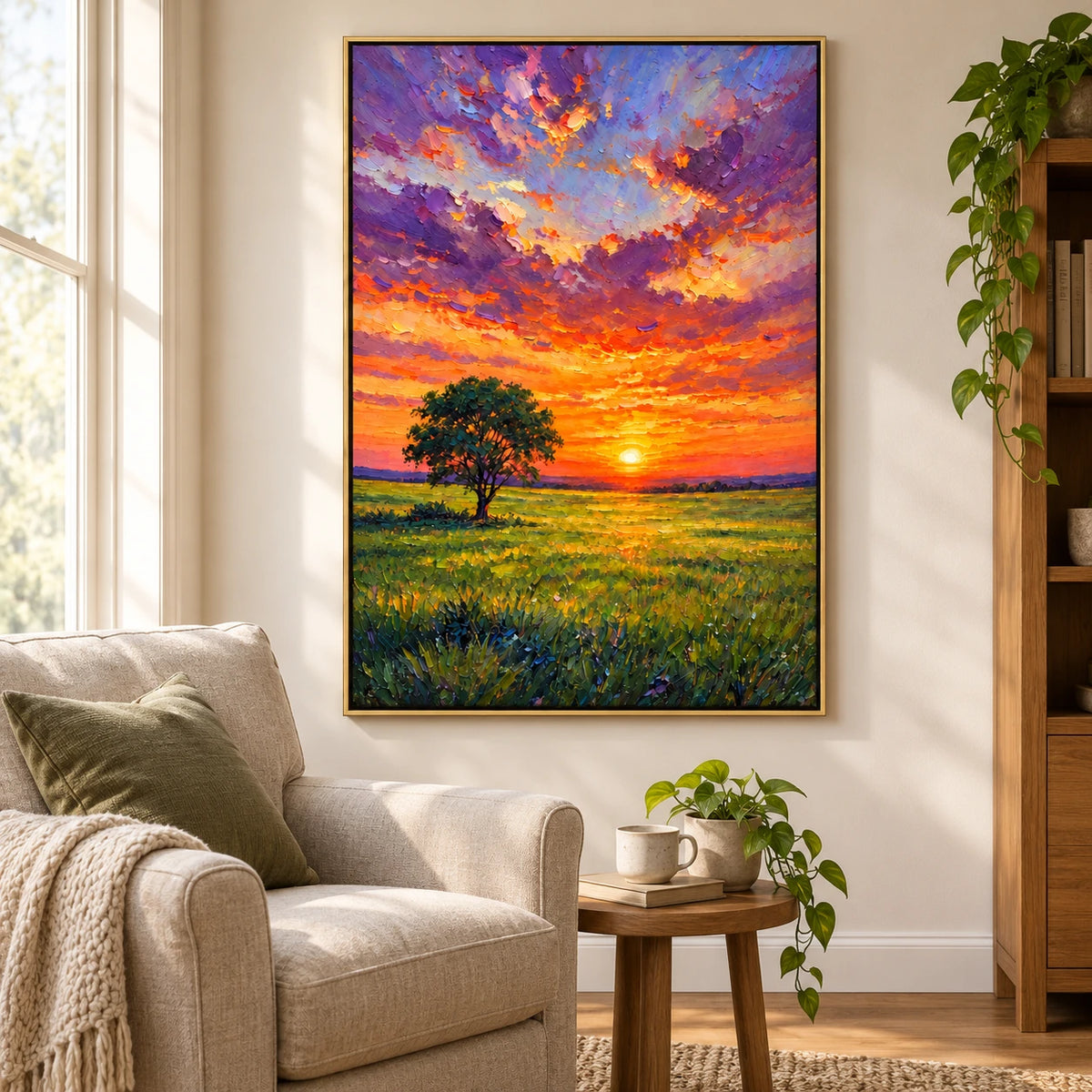 Sunset Meadow with Lone Tree Oil Painting | Orange Sun Purple Clouds and Green Field Textured Vertical Landscape Wall Art #OA 1727