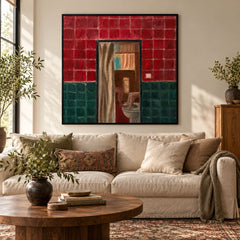 Surreal Bathroom Doorway Oil Painting | Red and Green Tiles with Playful Figures Square Figurative Wall Art #OA 1650