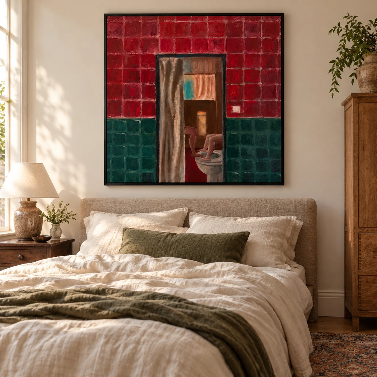 Surreal Bathroom Doorway Oil Painting | Red and Green Tiles with Playful Figures Square Figurative Wall Art #OA 1650