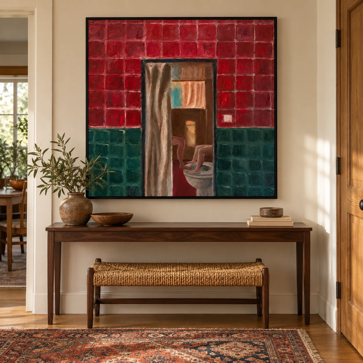 Surreal Bathroom Doorway Oil Painting | Red and Green Tiles with Playful Figures Square Figurative Wall Art #OA 1650