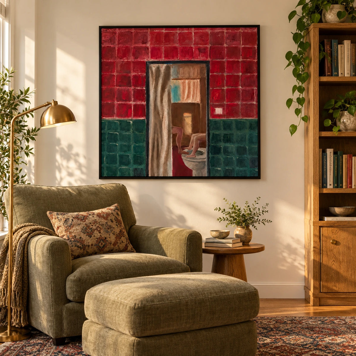 Surreal Bathroom Doorway Oil Painting | Red and Green Tiles with Playful Figures Square Figurative Wall Art #OA 1650