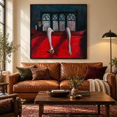 Surreal Billiard Table and High Heels Oil Painting | Red Black and Blue Figurative Square Wall Art #OA 1663