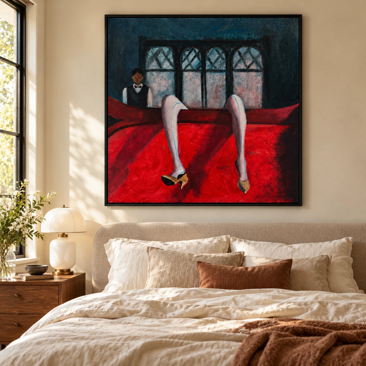 Surreal Billiard Table and High Heels Oil Painting | Red Black and Blue Figurative Square Wall Art OA 1663