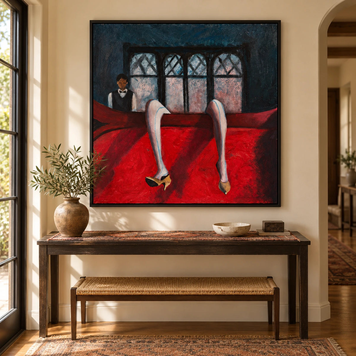 Surreal Billiard Table and High Heels Oil Painting | Red Black and Blue Figurative Square Wall Art OA 1663