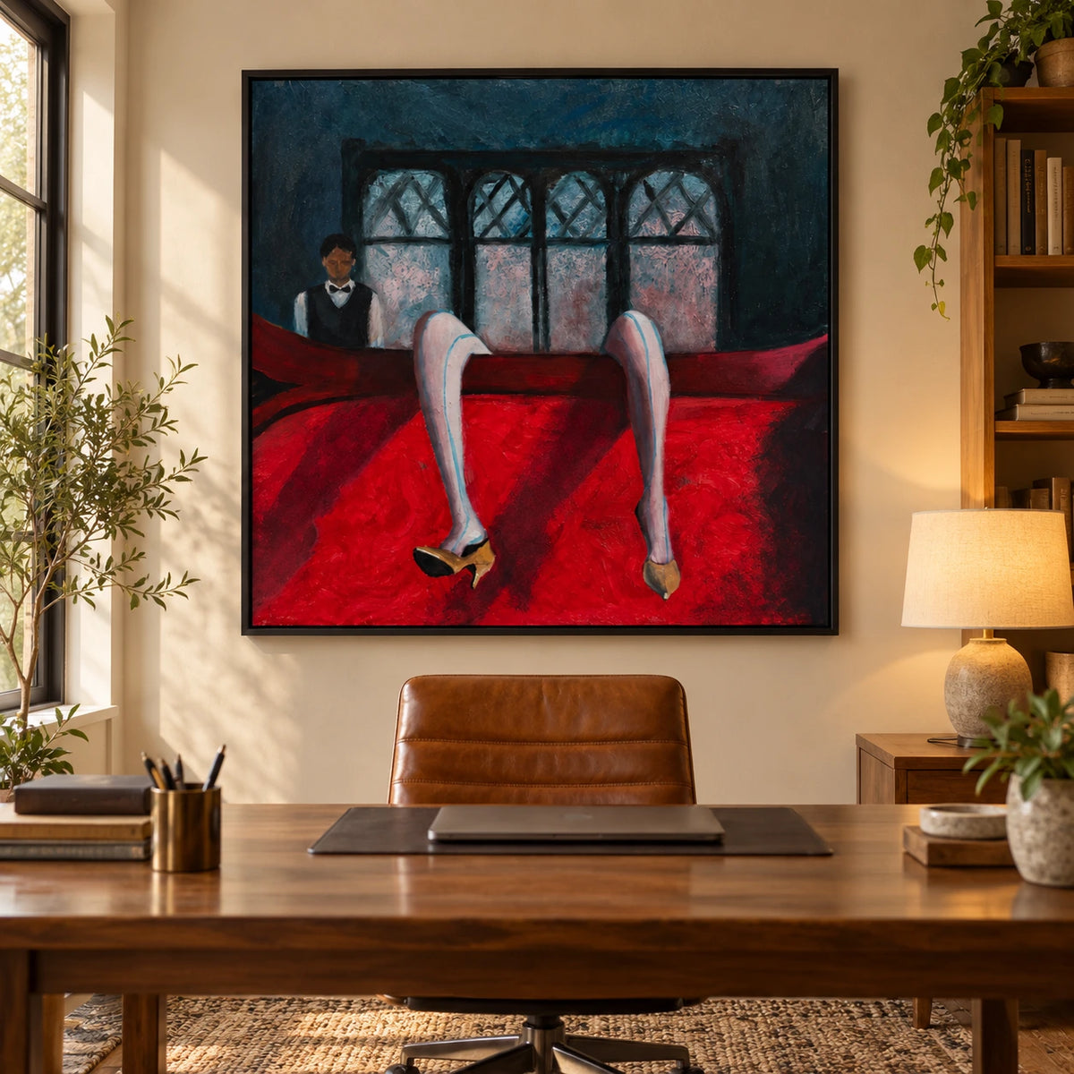 Surreal Billiard Table and High Heels Oil Painting | Red Black and Blue Figurative Square Wall Art OA 1663