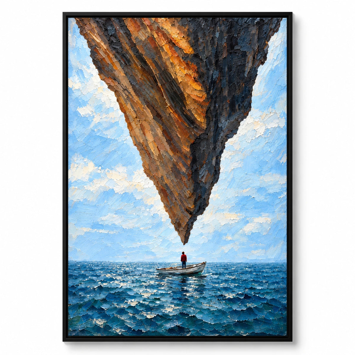 Surreal Floating Rock and Boat Oil Painting | Blue Ocean Impasto Fantasy Seascape Vertical Wall Art #OA 1632