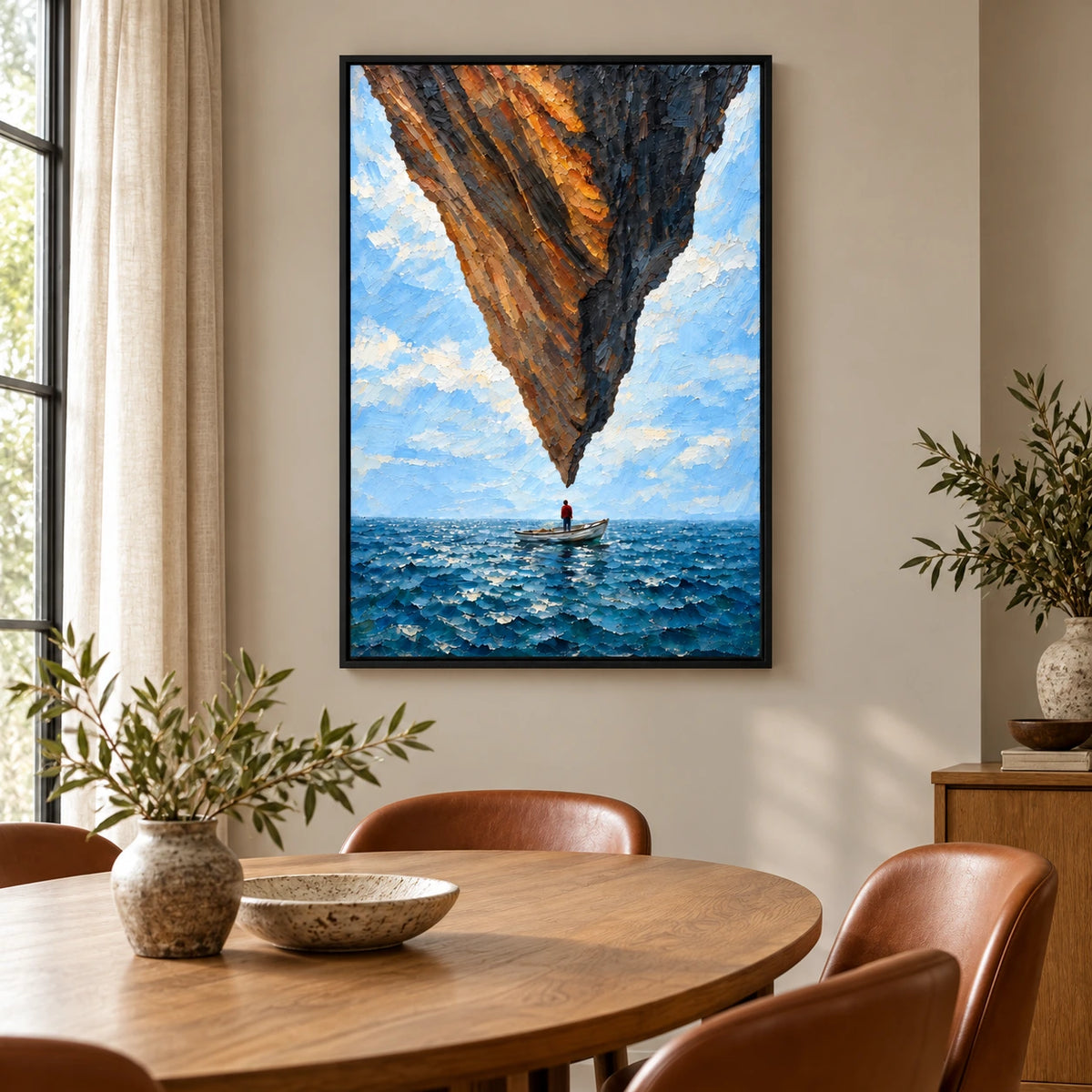 Surreal Floating Rock and Boat Oil Painting | Blue Ocean Impasto Fantasy Seascape Vertical Wall Art #OA 1632
