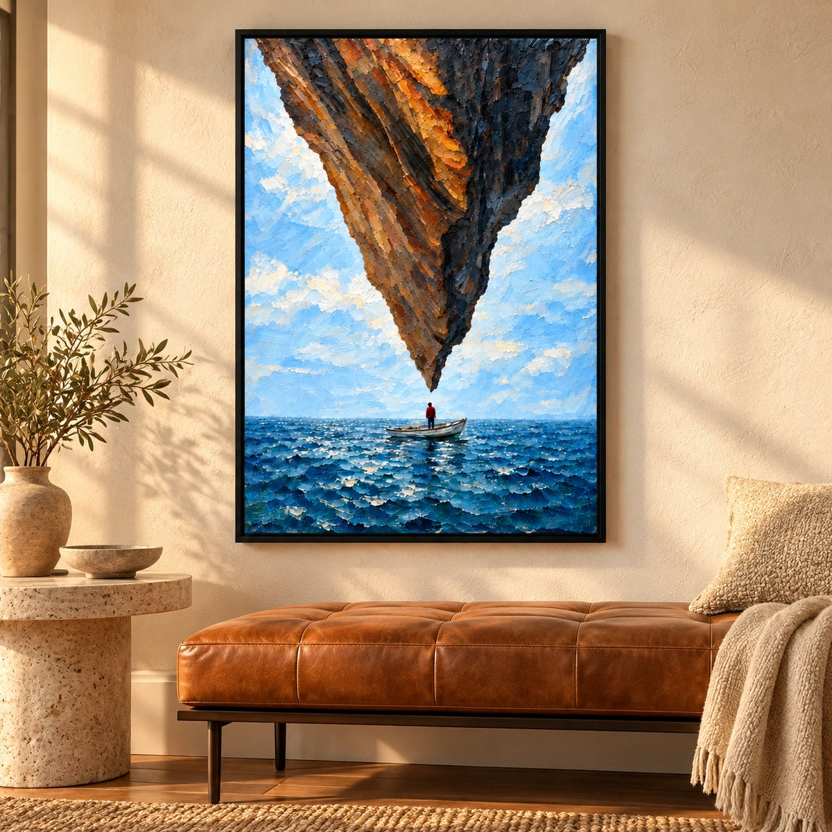 Surreal Floating Rock and Boat Oil Painting | Blue Ocean Impasto Fantasy Seascape Vertical Wall Art #OA 1632
