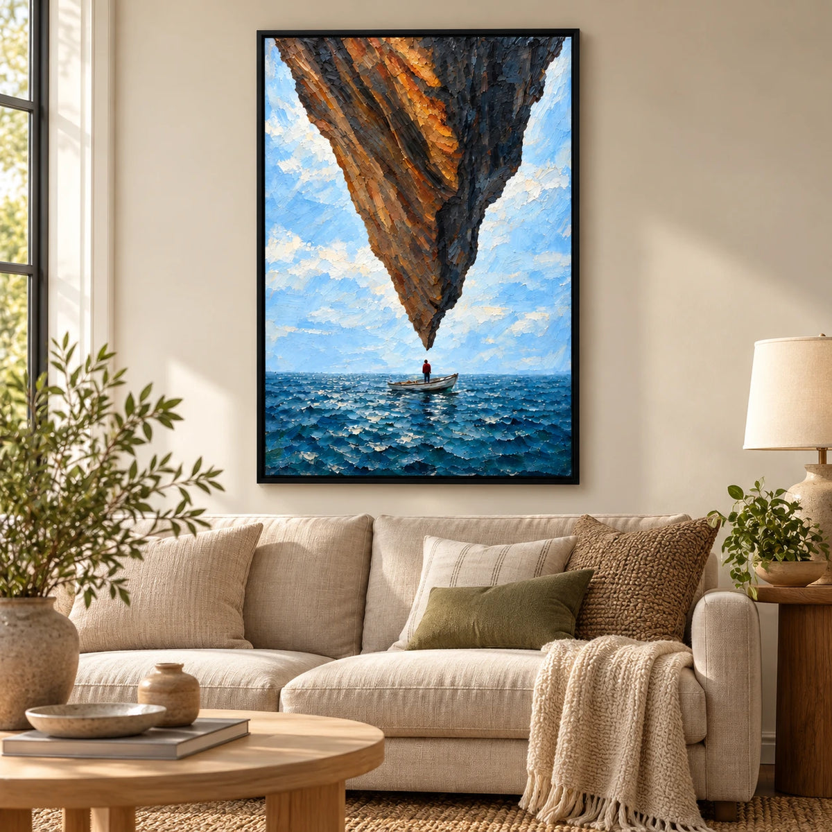 Surreal Floating Rock and Boat Oil Painting | Blue Ocean Impasto Fantasy Seascape Vertical Wall Art #OA 1632