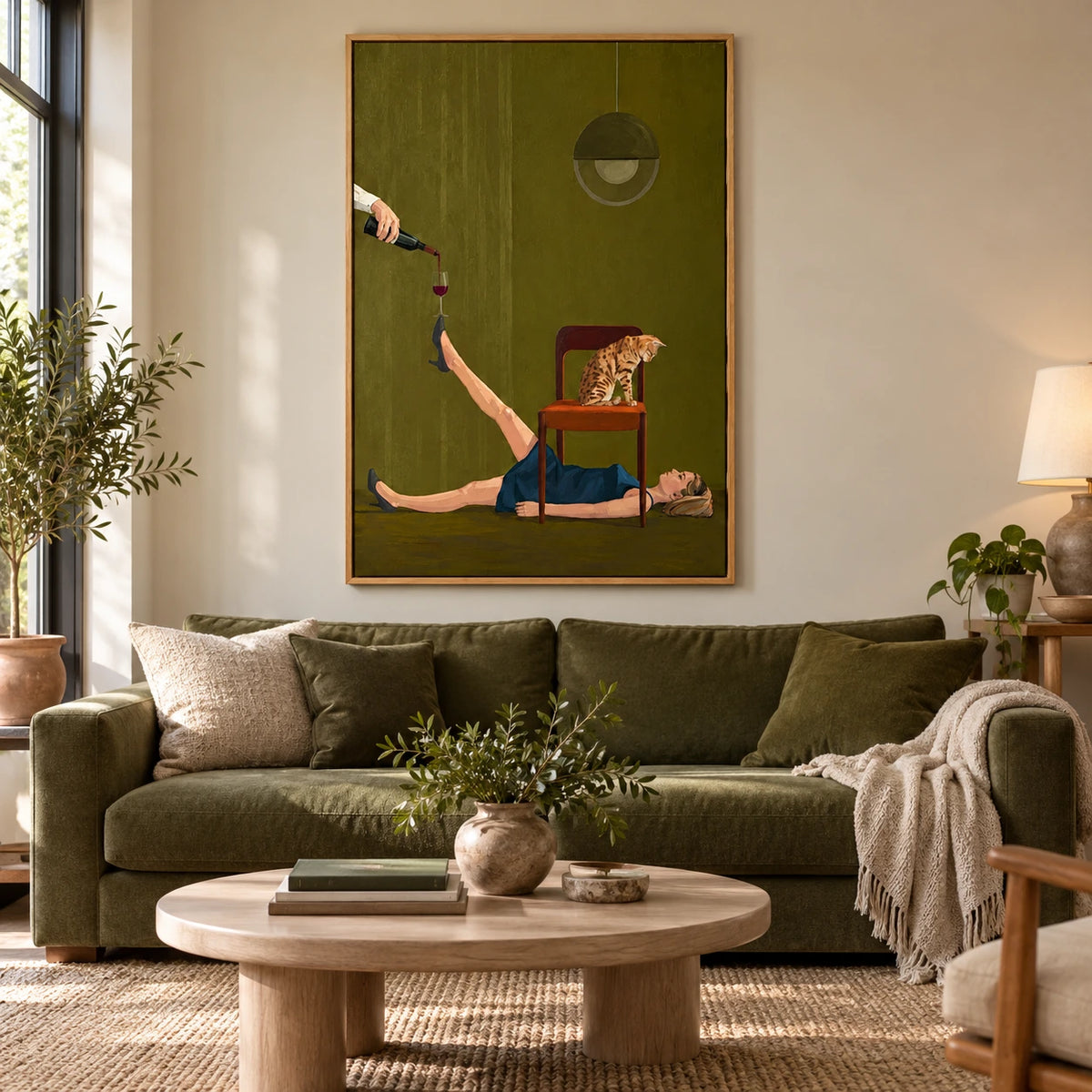 Surreal Woman Balancing Wine Glass with Cat Oil Painting | Green Interior High Heel Figurative Wall Art #OA 1684