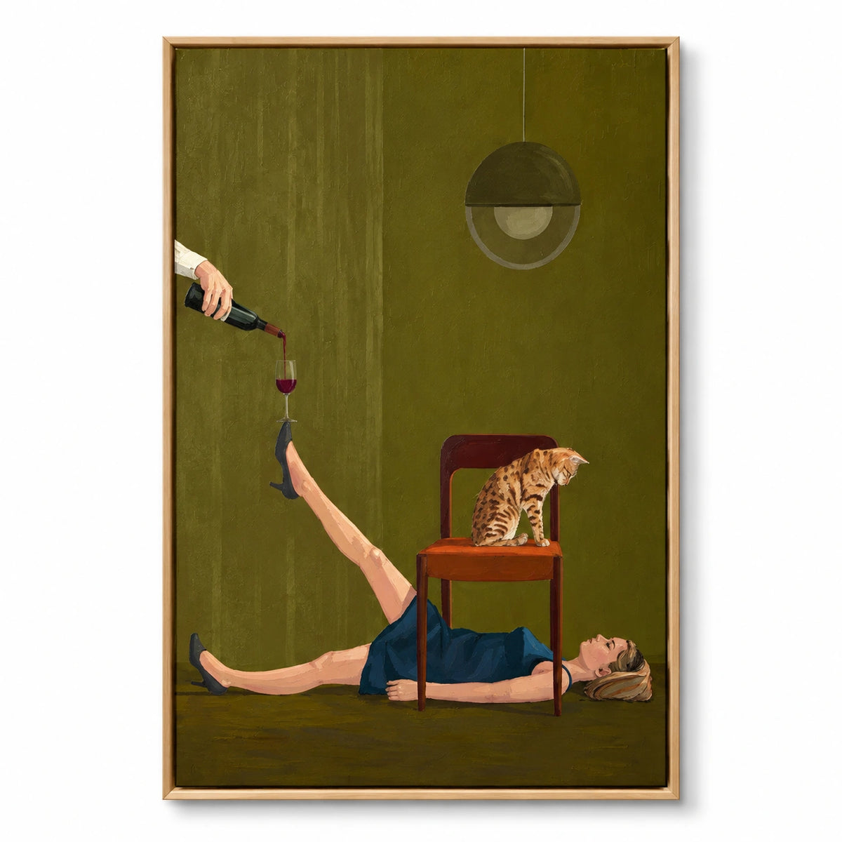 Surreal Woman Balancing Wine Glass with Cat Oil Painting | Green Interior High Heel Figurative Wall Art #OA 1684