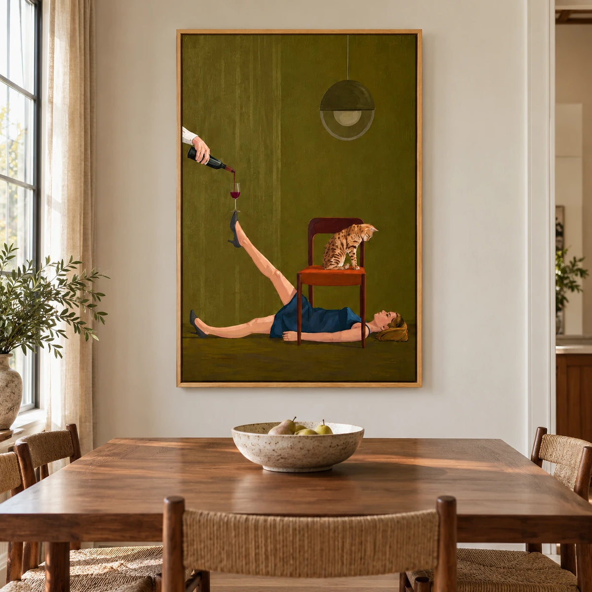 Surreal Woman Balancing Wine Glass with Cat Oil Painting | Green Interior High Heel Figurative Wall Art #OA 1684