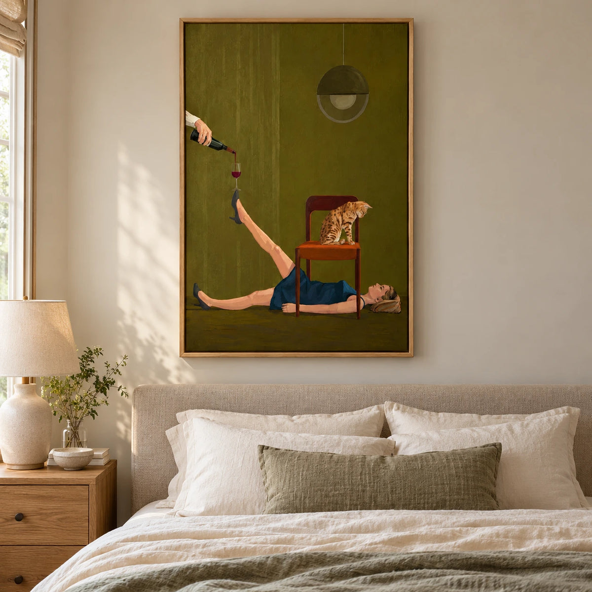 Surreal Woman Balancing Wine Glass with Cat Oil Painting | Green Interior High Heel Figurative Wall Art #OA 1684