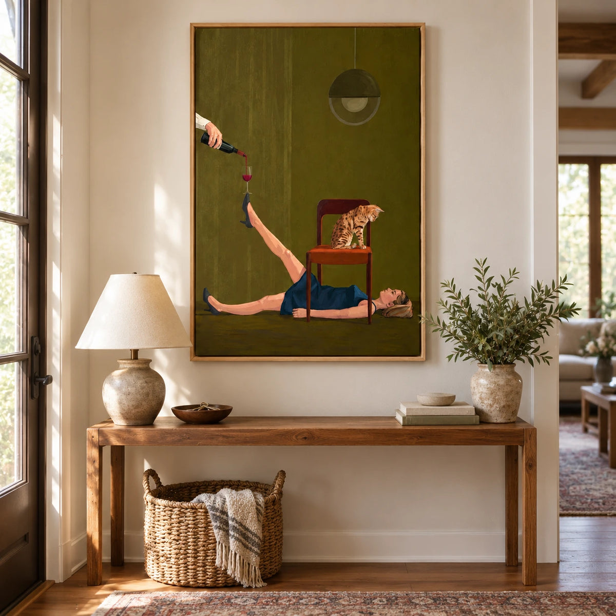 Surreal Woman Balancing Wine Glass with Cat Oil Painting | Green Interior High Heel Figurative Wall Art #OA 1684