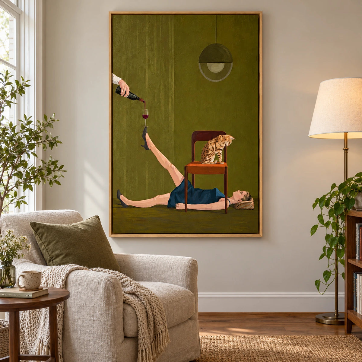 Surreal Woman Balancing Wine Glass with Cat Oil Painting | Green Interior High Heel Figurative Wall Art #OA 1684