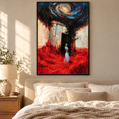 Surreal Woman and Spiral Galaxy Oil Painting | Red Blue and Black Textured Fantasy Figurative Wall Art #OA 1639
