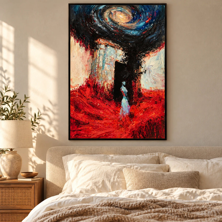 Surreal Woman and Spiral Galaxy Oil Painting | Red Blue and Black Textured Fantasy Figurative Wall Art #OA 1639